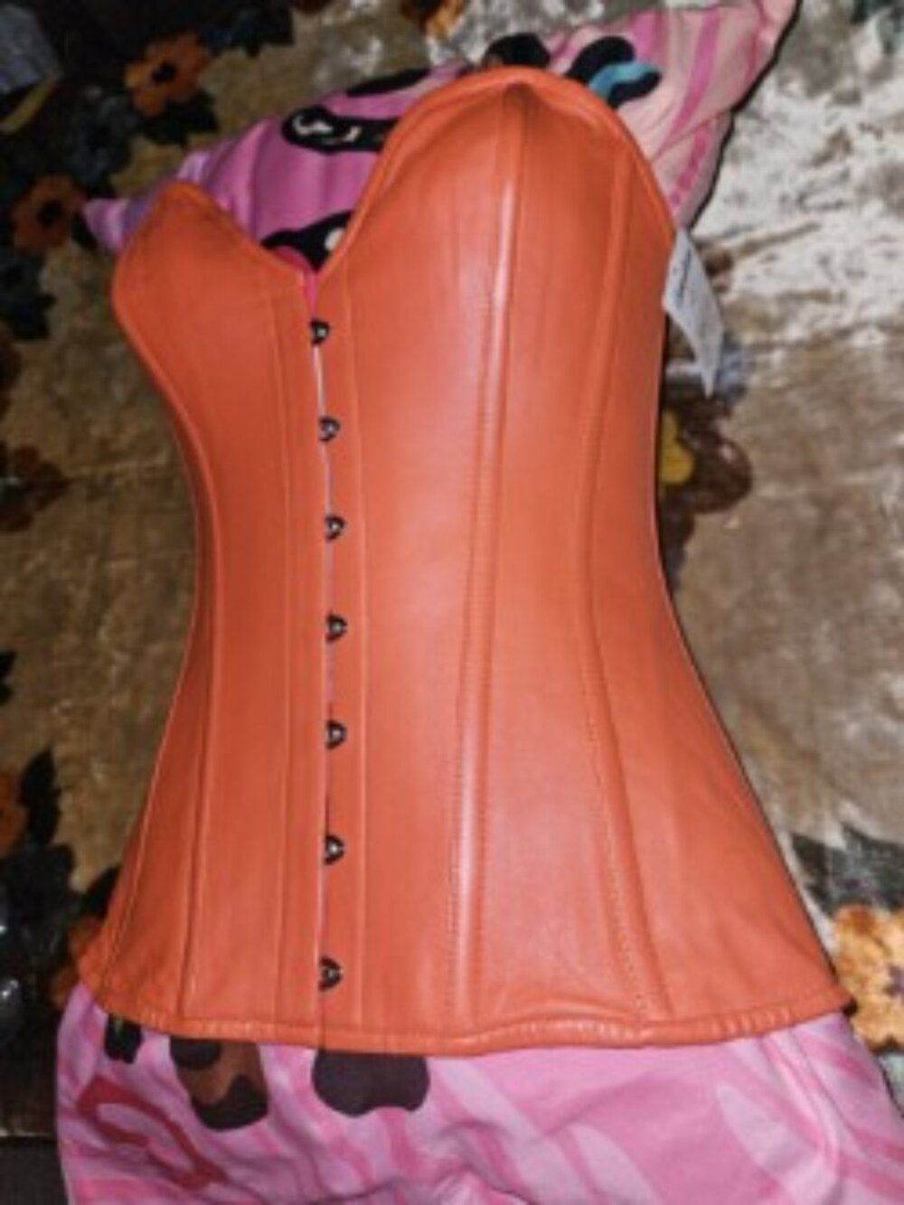 NWT 28"/LARGE ORANGE LEATHER CONCUBINE CORSET STEEL BONED TIGHT LACING ELEGANT - Picture 3 of 8
